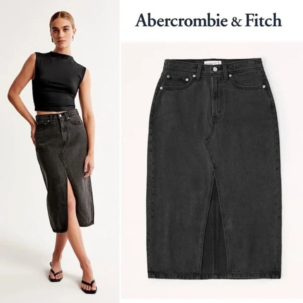 Abercrombie & Fitch High Rise Denim Midi Skirt Black Gray Size 14/32
